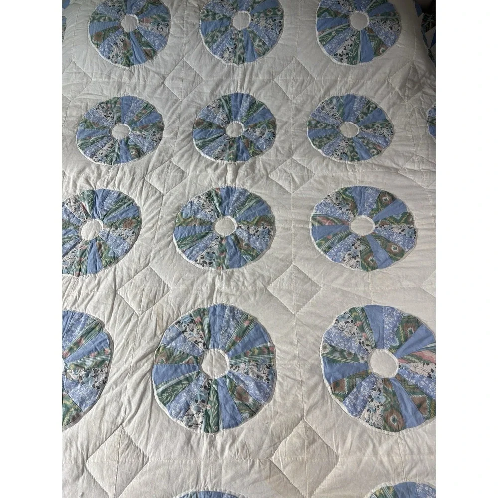 Blue Floral Dresden Plate Quilt Vintage‎ Handmade Patchwork 80x80 Full/Queen